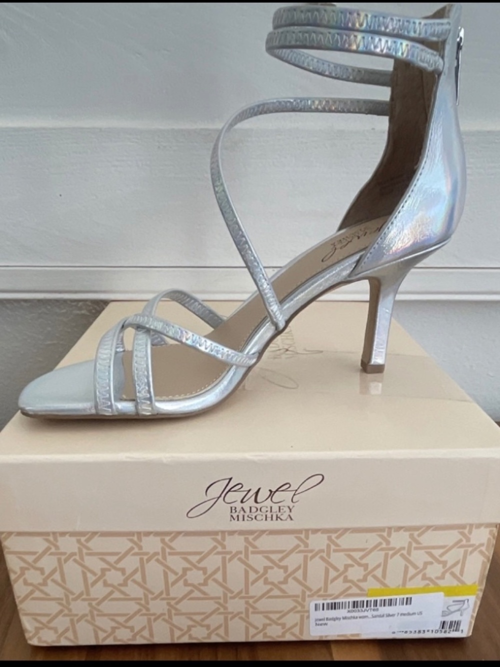 Jewel Badgley Mischka Silver Strappy Ankle Strap Zipper Open Toe Heels Size 7